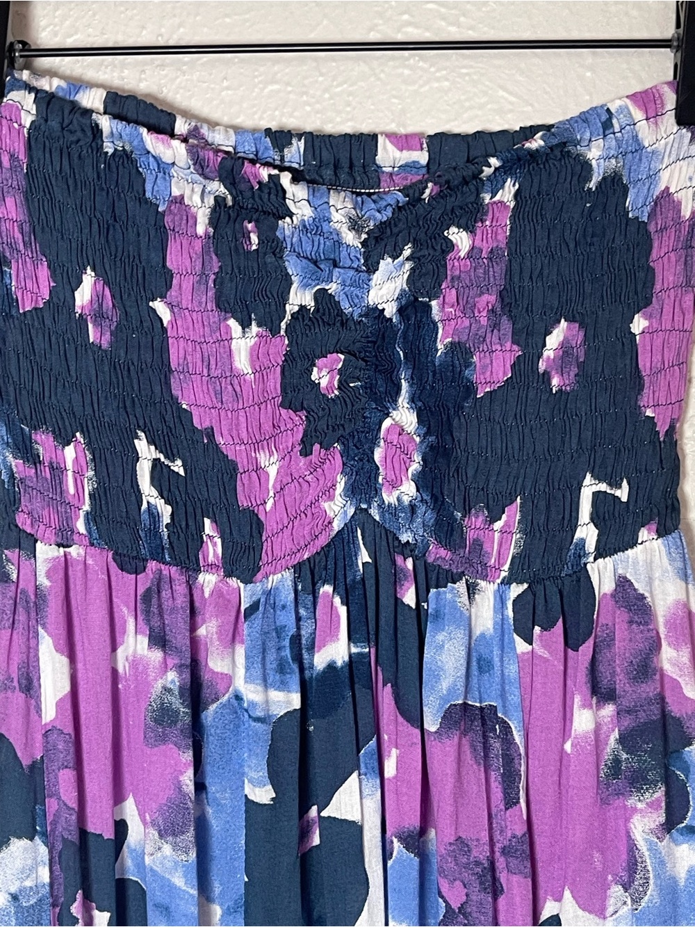 Tiare Hawaii O/S Purple Blue Floral Smocked Strapless Resort Maxi Dress - Picture 8 of 8